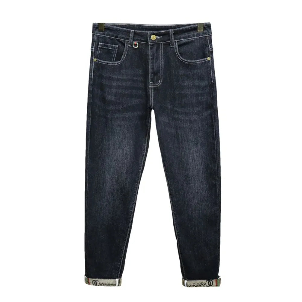 Zerrissene, reguläre, schmale Passform, gerade Jeans, bequem, lässig, Herbstmode, Denim-Hose, klassische, dünne Vintage-Unisex-Herren-Stretchhose.