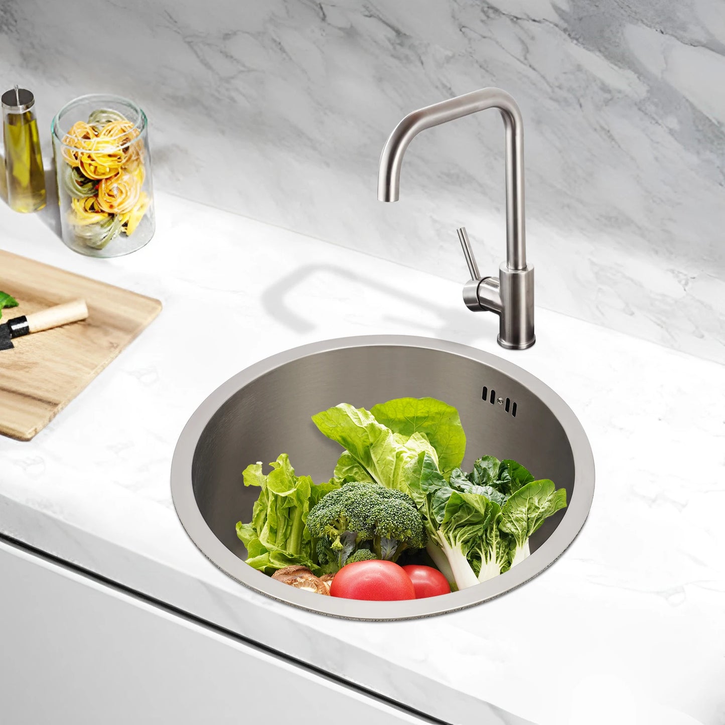 41 cm kreisförmige, vertiefte und vergrößerte Küchenspüle aus Edelstahl 304 mit einer Schüssel
