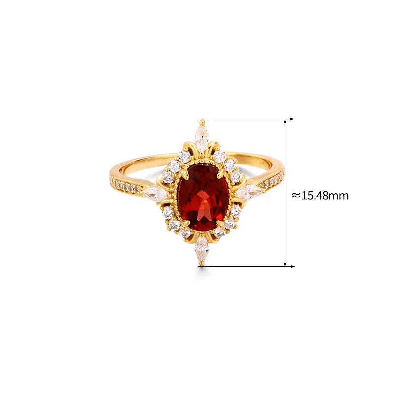 LAMOON Vintage Gemstone Ring Natural Garnet Rings For Women 925 Sterling Silver K Gold Plated Crystal Wedding Engagement RI182.