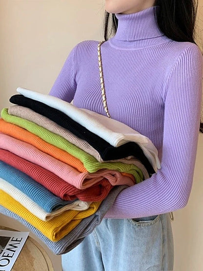 JMPRS Rollkragenpullover Frauen Mode Einfache Winter Pullover Jumper Hohe Elastische Gestrickte Herbst Weibliche Grundlegende Tops Casual Bluse.