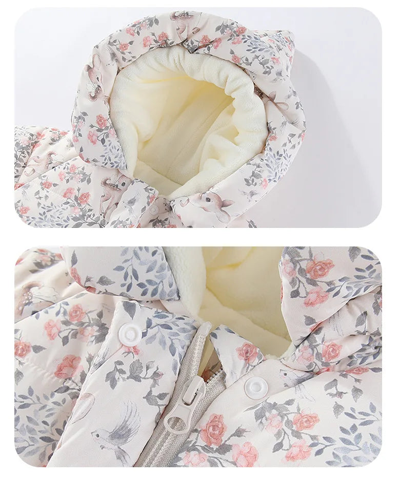 Body für Neugeborene und Mädchen, verdickter, wasserdichter, bedruckter Schneeanzug, 0–24 Monate, Kleinkind-Jungen-Overall mit Kapuze, warmes Winter-Einteiler-Outfit.