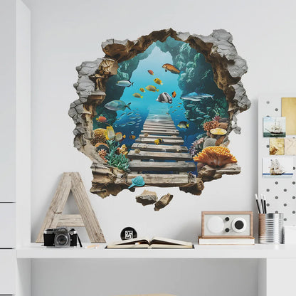 Sea View Mural Seabed Fish Shark 3D PVC Broken Wall Art Stickers Home Decoration for Room Ceiling Poster Floor Wallpaper.