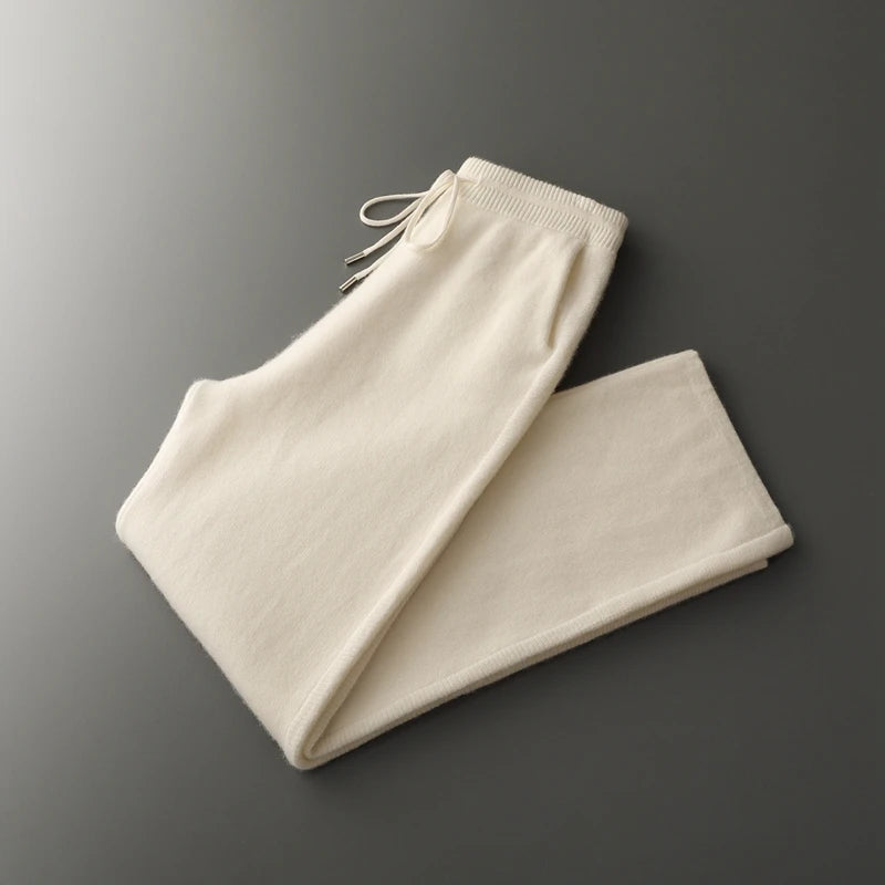 4PINK Thickened 100% Pure Cashmere Pants Men High Waist Knitted Wide Leg Pants Solid Color Lace Up Straight Pants Elastic Waist.