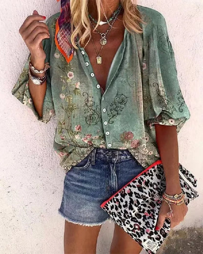2024 New Women's Shirts & Blouses Fashion Vintage Printed Casual Vacation Bohemian Style Lady Single-breasted Shirt Streetwear.