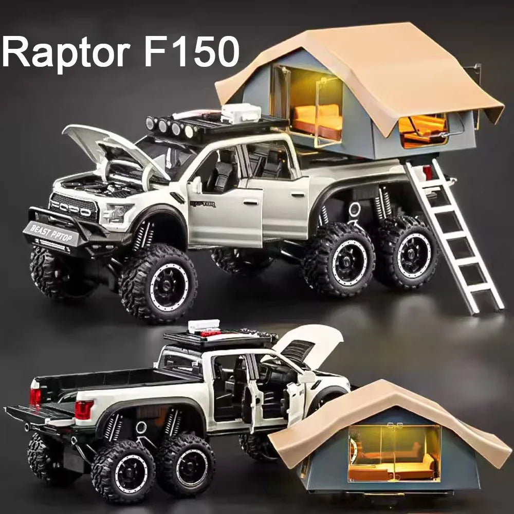 1/24 Scale Raptor F150 Alloy Cars Models Toys 6 Doors Opened Camping RV Diecast Model Light Sound Vehicle for Boys Birthday Gift.