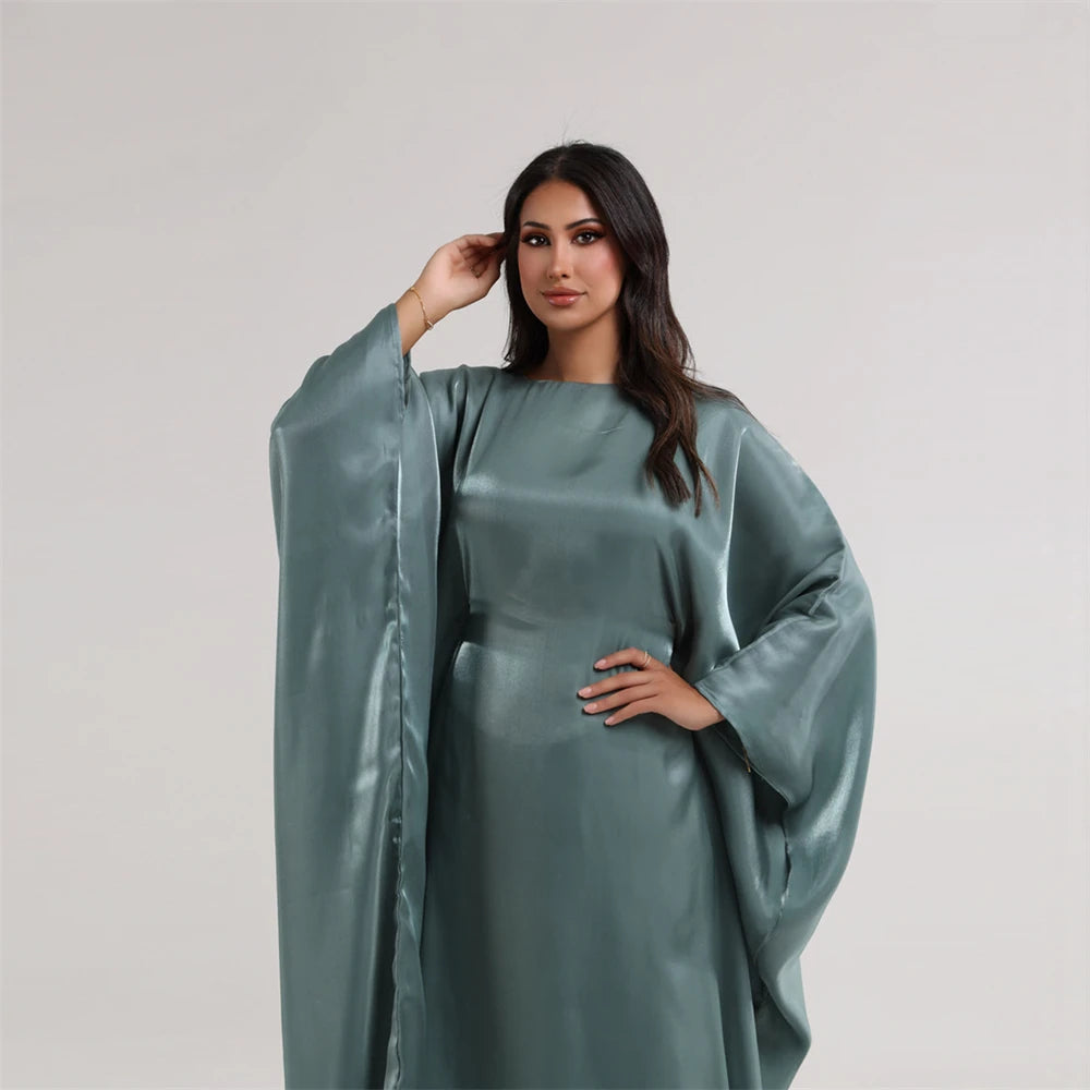 Muslim Kaftan Dress Satin Batwing Abaya For Women Dubai Luxury 2024 Islam Kebaya Robe Caftan Marocain Femme Musulmane Vestidos.