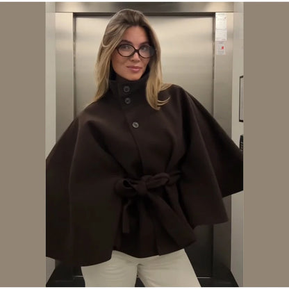 Straße Batwing Hülse Cape Gürtel Mäntel Frauen Lose Solide Stehkragen Einreiher Jacke 2025, Herbst Dame Alle-spiel chic Mantel.
