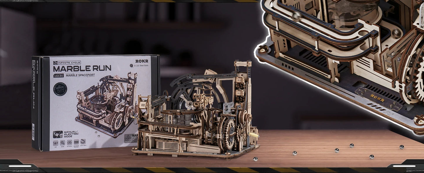 ROBOTIME Rokr Electric Marble Run with Light 3D Puzzle Toys Marble Spaceport Gifts for Kids Children Connect With Night City.