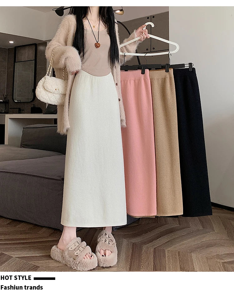 2025 New Thick Knit Midi Skirt High Waisted Straight Hem Bodycon Pencil Skirts for Petite Women Cozy Fall Winter Fashion.