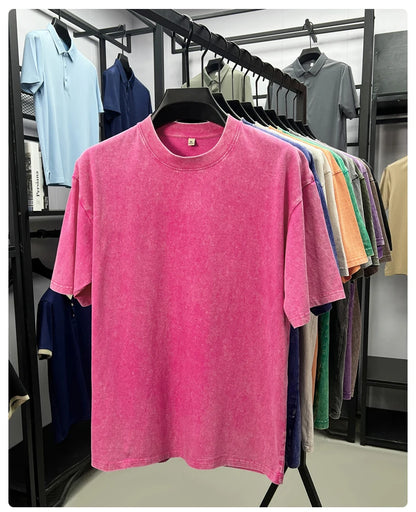 Personality washed vintage short sleeve T-shirt high-end 100% pure cotton men fashion round neck comfort lightweight casual top.