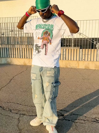 Y2K Harajuku American Cartoon T-shirt High Street Retro Loose Fashion Clothing Women Casual Hip-hop Oversized Short-sleeved Men.