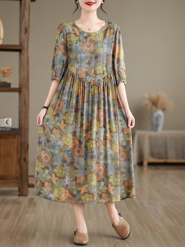 Kurzarm übergroße Baumwolle Satin Vintage Blumen neu in Kleidern für Frauen lässig lose lange Sommerkleid elegante Kleidung.