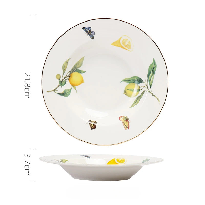 Europeanc Style Ceramic Dining Plate Elegant Lemon Pattern Dinner Steak Plate Coffee Cup Set Western Cuisine Dessert Plate.