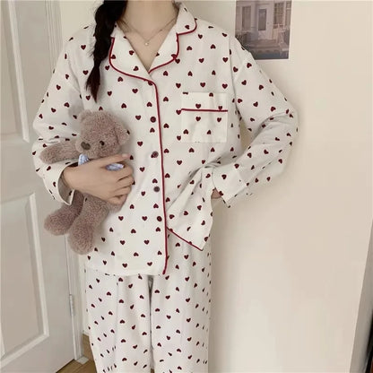 M-XXL Large Size Nightwear Women Sleepwear Autumn and Winter Cardigan Home Wear Peach Heart Long Sleeves School Silk Pajamas.