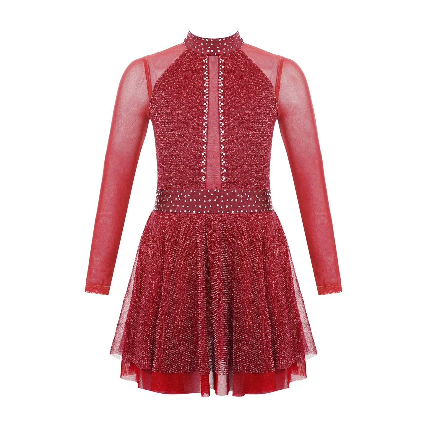 Kinder Mädchen Eiskunstlauf Kostüm Ballett lyrische Tanz gymnastik Trikot Kleid Langarm glänzend Mesh Performance Dance wear