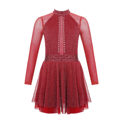 Kinder Mädchen Eiskunstlauf Kostüm Ballett lyrische Tanz gymnastik Trikot Kleid Langarm glänzend Mesh Performance Dance wear