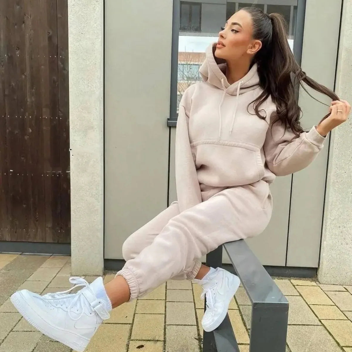 Women's Pocket Long-sleeved Hooded Sweatshirt Casual Set Autumn Winter New Solid Color Loose Sport Long Pants 2 Piece Set Female.