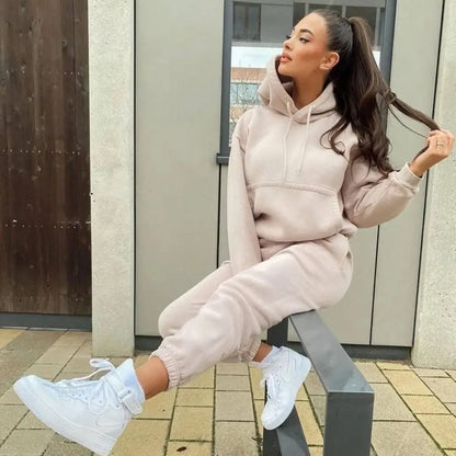 Women's Pocket Long-sleeved Hooded Sweatshirt Casual Set Autumn Winter New Solid Color Loose Sport Long Pants 2 Piece Set Female.