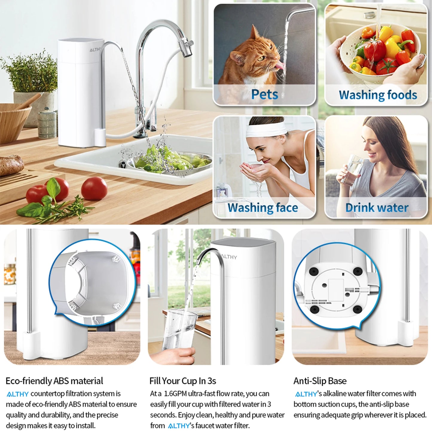ALTHY Countertop Faucet Drinking Water Filter Purifier Ultrafiltration System, Reduces 99% Bacteria, Chlorine, Heavy Metals,Odor.