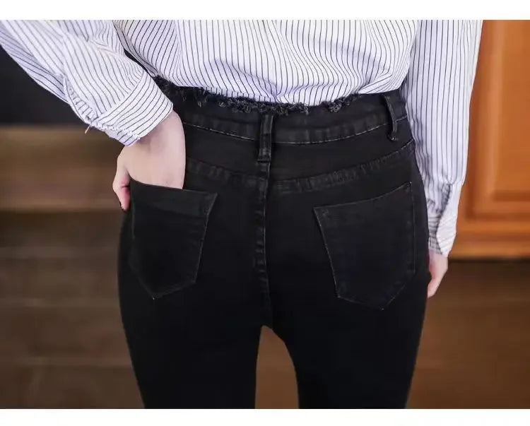 High Waist Slim Fit Women's Jeans High Elasticity Spring Autumn Black Pencil Pants Korean Style plus Size Body Shaping.