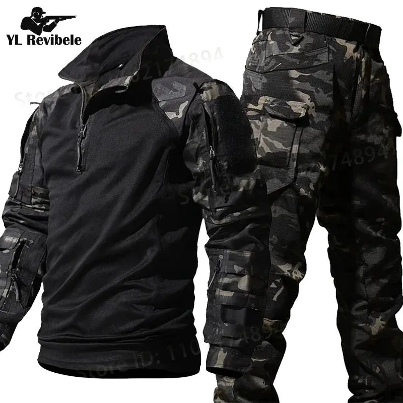 Autumn Tactical Sets Men Outdoor Breathable Short Sleeve Tshirt+Waterproof Straight Pant 2 Pcs Suits Camo Multi-pocket Cargo Set.