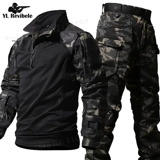 Autumn Tactical Sets Men Outdoor Breathable Short Sleeve Tshirt+Waterproof Straight Pant 2 Pcs Suits Camo Multi-pocket Cargo Set.