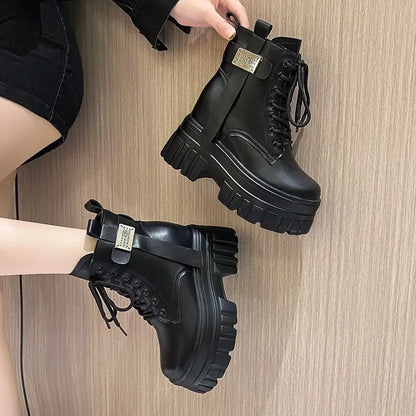 Women's High Platform Motorcycles Boots Winter 10CM Wedge Heels Warm Ankle Boots Chunky Sneakers New Autumn Leather Shoes Woman.