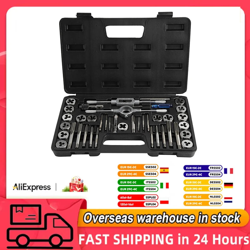 40-teiliges Gewindebohrer-Gewindebohrer-Set mit Gewindebohrer M3-M12, Gewindebohrer und Matrizenset mit Schraubenschlüsseln und Gewindelehre, robuste Handwerkzeuge