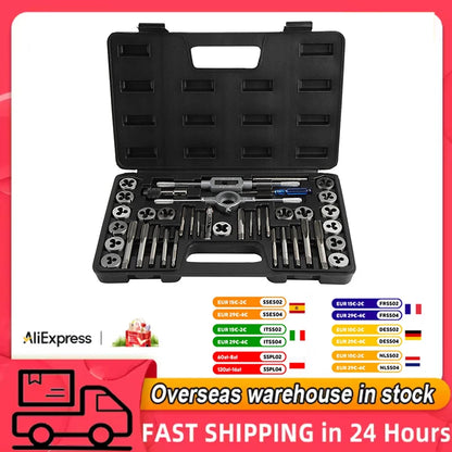 40-teiliges Gewindebohrer-Gewindebohrer-Set mit Gewindebohrer M3-M12, Gewindebohrer und Matrizenset mit Schraubenschlüsseln und Gewindelehre, robuste Handwerkzeuge