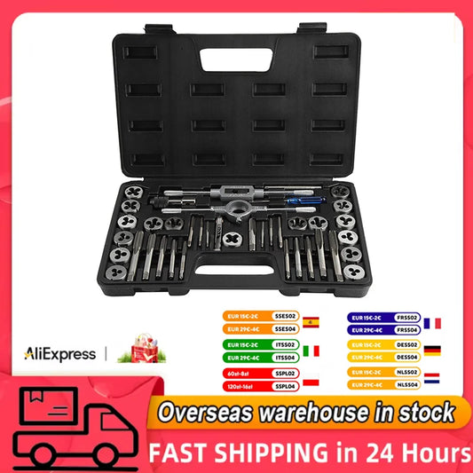 40-teiliges Gewindebohrer-Gewindebohrer-Set mit Gewindebohrer M3-M12, Gewindebohrer und Matrizenset mit Schraubenschlüsseln und Gewindelehre, robuste Handwerkzeuge