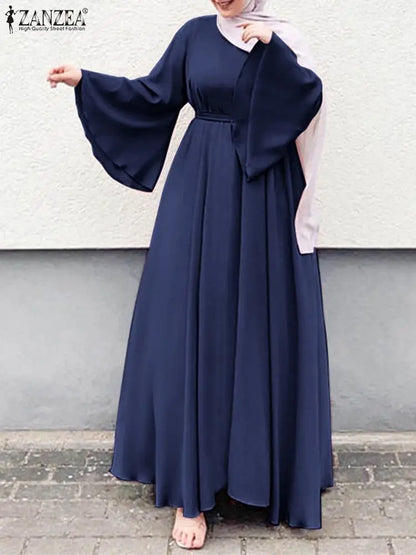 Frauen Lerisure Muslimischen Lange Kleid Übergroßen Vestidos ZANZEA 2023 Sommer Frühling Flare Ärmeln Soild Weibliche Türkische Robe Abaya