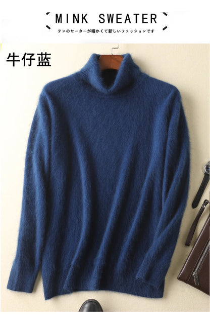 Men's 100% pure Mink Knitted Sweater Turtleneck Large Size Casual Pullover Autumn Winter New Base Shirt Men Warm High Lapels Top