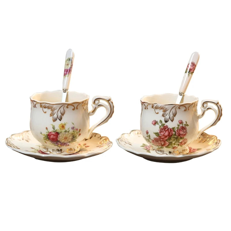 Teas Cup and Saucers Set Ivory Porcelain Coffee Cup Retro Flower Rose Ceramics Cup Set with Saucers and Spoon Drink Gift.
