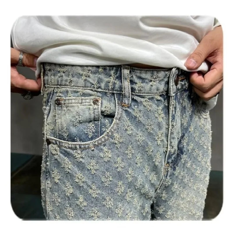 Jacquard All Over High Street Jeans Mens 2024 New Straight Lift Pattern Loose Wide Leg Jeans Casual Boyfriend Jeans Pants Tide.