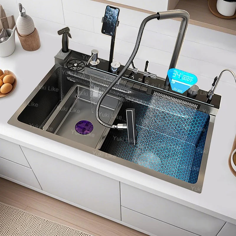 Stainless Steel Kitchen Sink Multifunctional Piano Button Waterfall Spout Faucet Digital Display Screen Dishwashing Basin