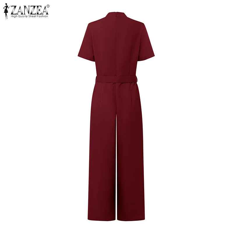 ZANZEA Street Fashion High Waist Jumpsuits Women Workwear Belt Rompers Solid Deep V Neck Elegant Office Lady Long Overalls.