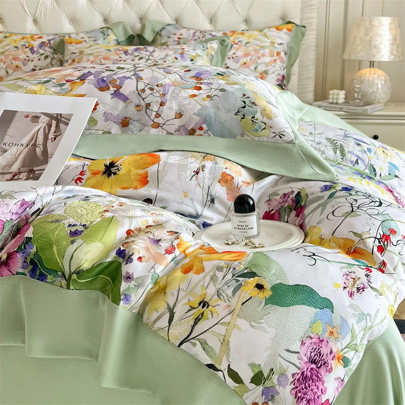 Flowers Prints Bedding Set Lyocell Eucalyptus Fiber Super Soft Silky Cool Feeling Duvet Cover Bed Sheet/Fitted Sheet Pillowcases.