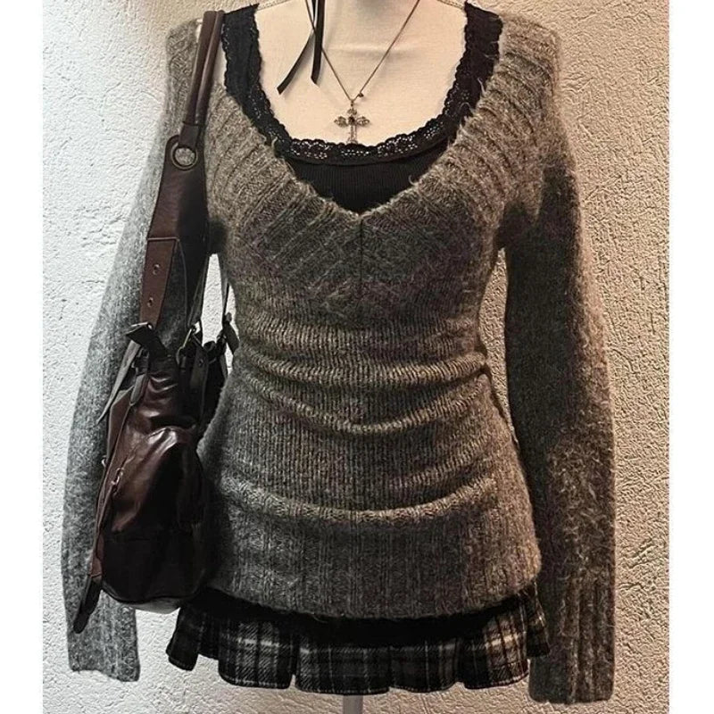 Deeptown Sexy Gestrickte Pullover Frauen V-ausschnitt Vintage Frühen Y2k Grunge Pullover Mujer Herbst Mode Langarm Pullover Schlank.
