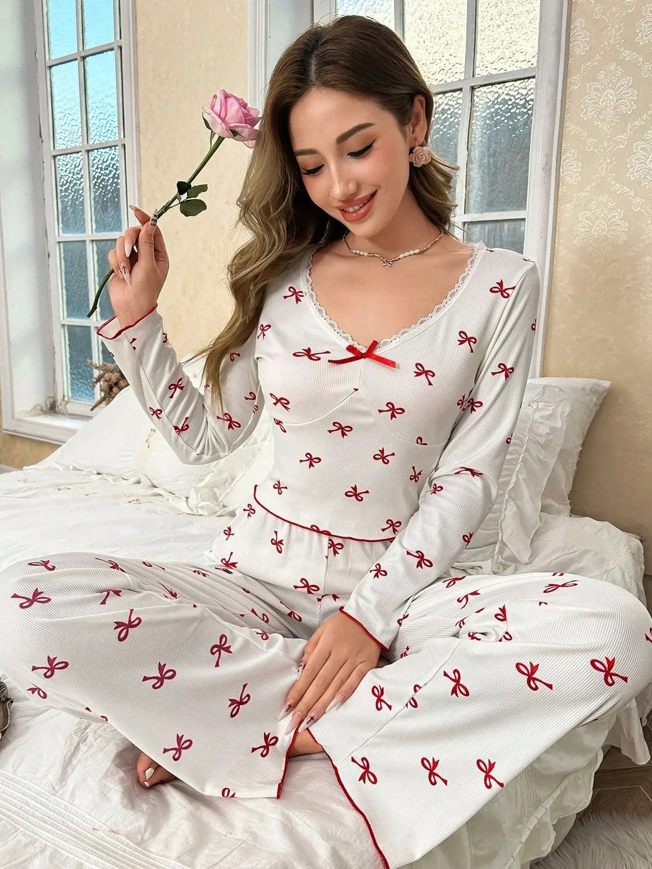 Winter Autumn Pajama Set for Women Sleepwear Lace Trim Bows Print Long Sleeve Top & Full-Length Pants Nightwear Loungewear.