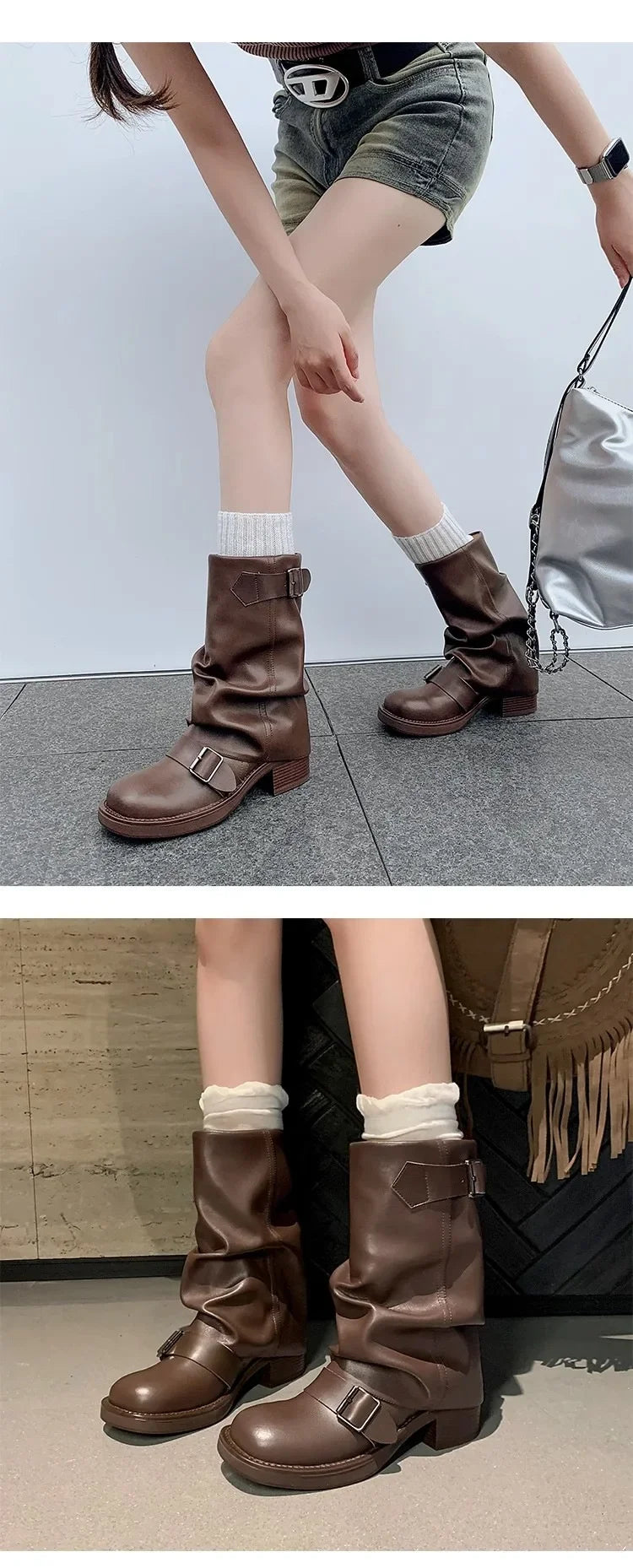 Pleated Buckle Knight Boots for Women Autumn Brown PU Leather Mid Calf Boots Woman Slip-On Thick Heel Riding Botas Mujer 2024.