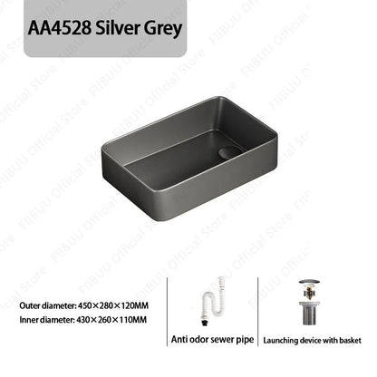 Rechteckiges silbergraues Porzellan-Keramikgefäßwaschbecken über der Theke, Toilette, Badezimmer-Schminktisch, Waschbecken, glasiertes weißes Waschbecken