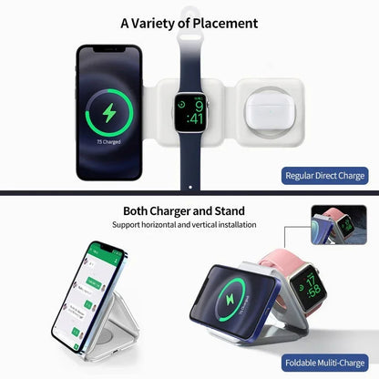 Foldable 3-in-1 Wireless Charger Dock For iPhone 16 15 14 13 12 Pro Max Apple Watch 10/9/8/7/6/5 AirPods Pro Fast Charging Pad.