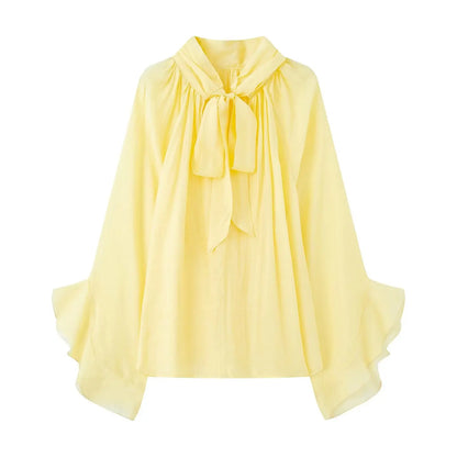 NLZGMSJ Bow DecorationLoose Long Sleeved Blouses For Women New Fashion Ruffle Edge Shirts and Blouses Woman Top.