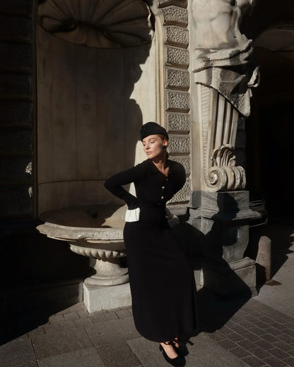 Tossy Weibliche Rüschen Strickwaren Langes Kleid Mode Patchwork Schlank Kontrast Revers Casual Party Kleid Kleid frauen Stricken Maxi Kleid.