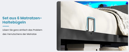 Metallbettgestell 140 x 200 cm mit LED-Beleuchtung, Kopfteil und Ladestation, integriertes Metallbett 140 x 200 mit Gitterbraten