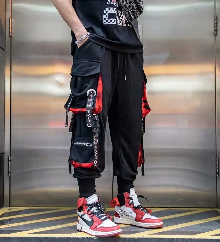 Men's Cargo Pants Casual Hip Hop Hit Color Multiple Pockets Trousers Streetwear Ribbons Techwear Sweatpants.