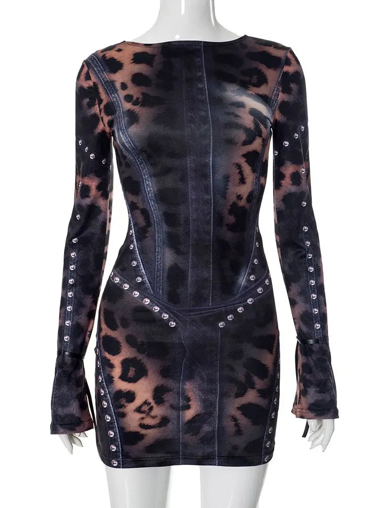 GACVGA Vintage Druck Sexy Bodycon Mini Kleid Für Frauen 2024 Herbst Winter Mode Volle Hülse Weibliche Club Party Kleider.