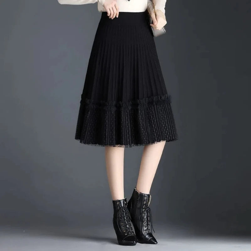 Korean Fashion Autumn Winter Women Solid Elastic High Waist Lace Patchwork Simplicity Mid-length A-line Pleated Knitted Skirt.