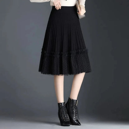 Korean Fashion Autumn Winter Women Solid Elastic High Waist Lace Patchwork Simplicity Mid-length A-line Pleated Knitted Skirt.
