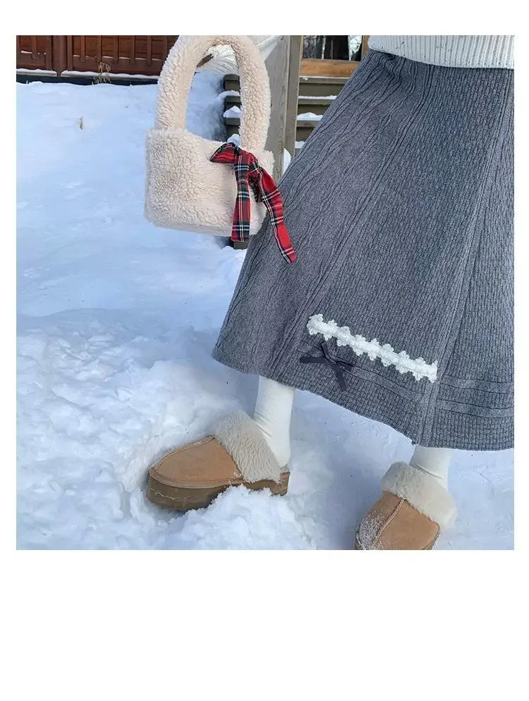 Clothes for Women Autumn Winter Japanese Style Kawaii Sweet Chic Knitted Skirts Female High Waist Solid Loose A-line Midi Skirt